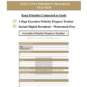 May include: A digital Executive Priority Progress Tracker document featuring sections for priority information, strategic objectives, progress status, key milestones, achievements, challenges, and next actions, with a tan and white color scheme.