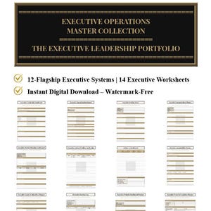 Könnte beinhalten: Eine digitale Dokumentensammlung mit dem Titel Executive Operations Master Collection und The Executive Leadership Portfolio, bestehend aus 12 Führungssystemen und 14 Arbeitsblättern mit goldfarbenen Kopfzeilen, angeordnet in einem Raster aus sechzehn weißen Seiten.