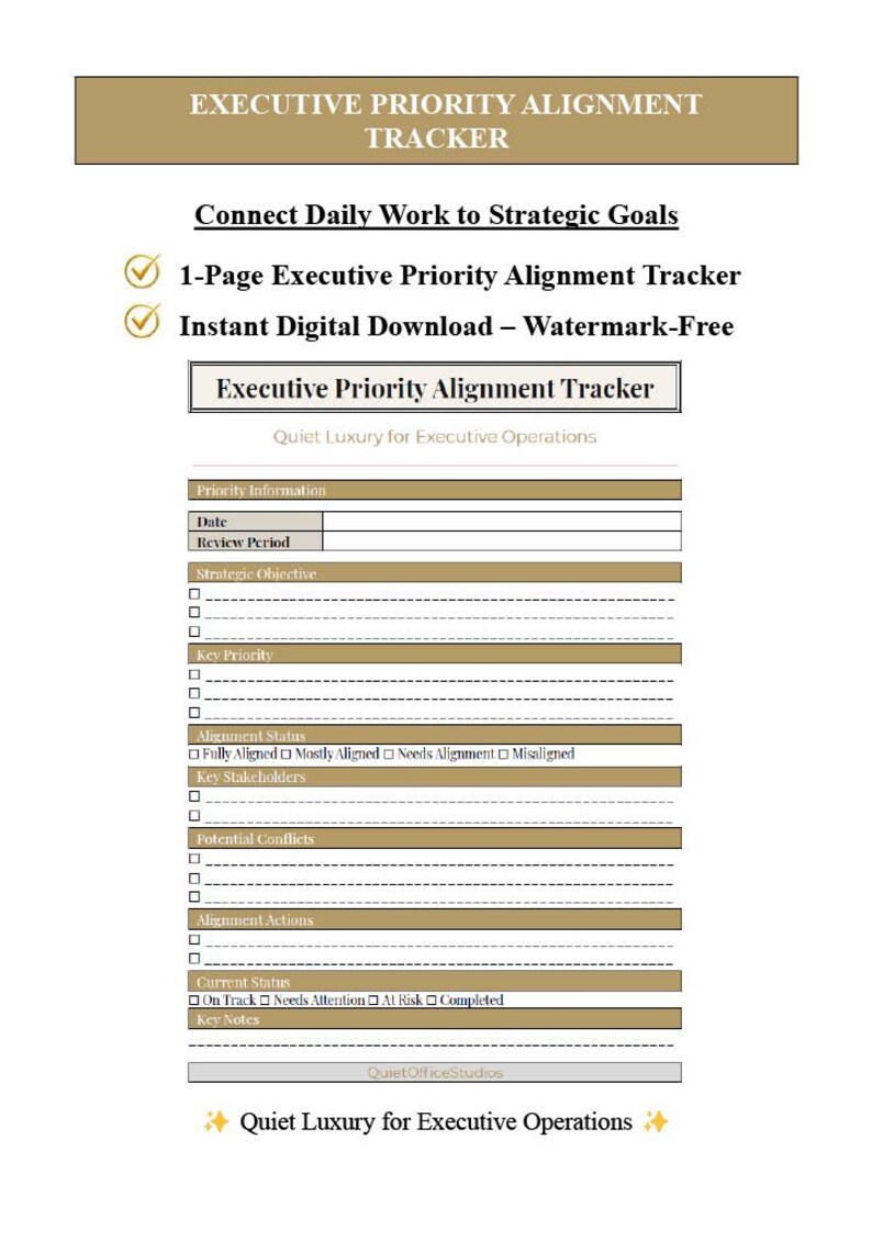 May include: A digital Executive Priority Alignment Tracker template featuring a tan header with the title, sections for priority information, strategic objectives, key priorities, alignment status, stakeholders, conflicts, actions, and notes.