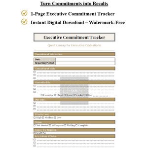 K&ouml;nnte beinhalten: Eine digitale Vorlage f&uuml;r einen Executive Commitment Tracker mit einem beigefarbenen Kopfbereich, der den Text Executive Commitment Tracker und Turn Commitments into Results enth&auml;lt. Das Formular umfasst Abschnitte f&uuml;r Datum, Berichtszeitraum, eingegangene Verpflichtung, Verantwortliche, F&auml;lligkeitsdatum, Priorit&auml;tsstufe, Status, Nachverfolgung und Notizen.