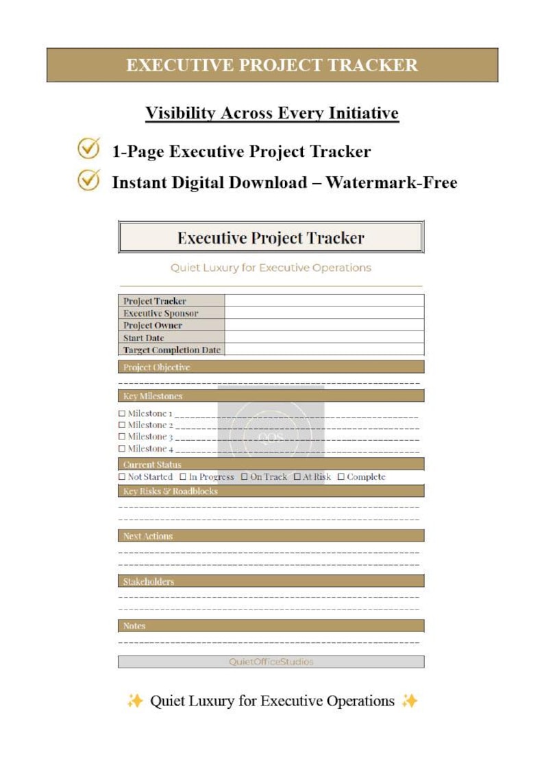 K&ouml;nnte beinhalten: Ein einseitiges Executive Project Tracker Dokument mit Abschnitten f&uuml;r Projektverantwortliche, Start- und Zieldaten, Meilensteine, Status-Kontrollk&auml;stchen, Risiken, Hindernisse, n&auml;chste Schritte, Stakeholder und Notizen mit goldenen Akzenten.