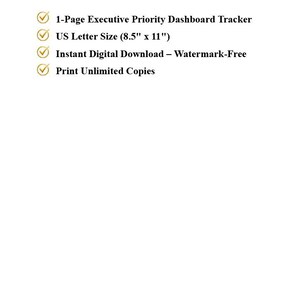 Puede incluir: Un documento digital titulado WHAT'S INCLUDED que enumera un 1-Page Executive Priority Dashboard Tracker, tama&ntilde;o carta de EE. UU. (21,59 cm x 27,94 cm), descarga digital instant&aacute;nea sin marca de agua e impresiones ilimitadas, con el texto Quiet Luxury for Executive Operations.