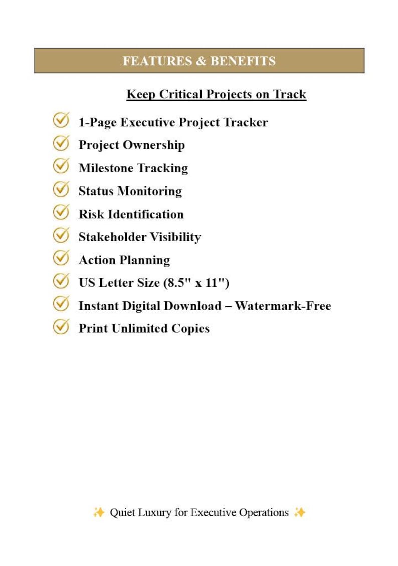 K&ouml;nnte beinhalten: Ein digitales Dokument mit dem Titel FEATURES & BENEFITS, das Projektmanagement-Tools auflistet, darunter einen einseitigen Executive-Projekt-Tracker, Meilenstein-Tracking, Risikoidentifizierung und Aktionsplanung. Format 21,59 cm x 27,94 cm.