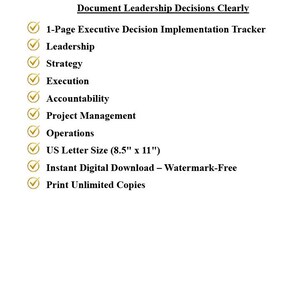 Peut inclure: Un document num&eacute;rique intitul&eacute; FEATURES & BENEFITS, listant des &eacute;l&eacute;ments comme 1-Page Executive Decision Implementation Tracker, Leadership, Strategy, Execution, Accountability, Project Management, Operations, format 21,59 cm x 27,94 cm et impression illimit&eacute;e.