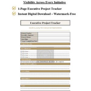K&ouml;nnte beinhalten: Eine digitale Vorlage f&uuml;r einen Executive Project Tracker mit einer beigen Kopfzeile mit dem Text Executive Project Tracker, gefolgt von Abschnitten f&uuml;r Projektziele, Meilensteine, Status-Kontrollk&auml;stchen, Risiken, Ma&szlig;nahmen, Stakeholder und Notizen.