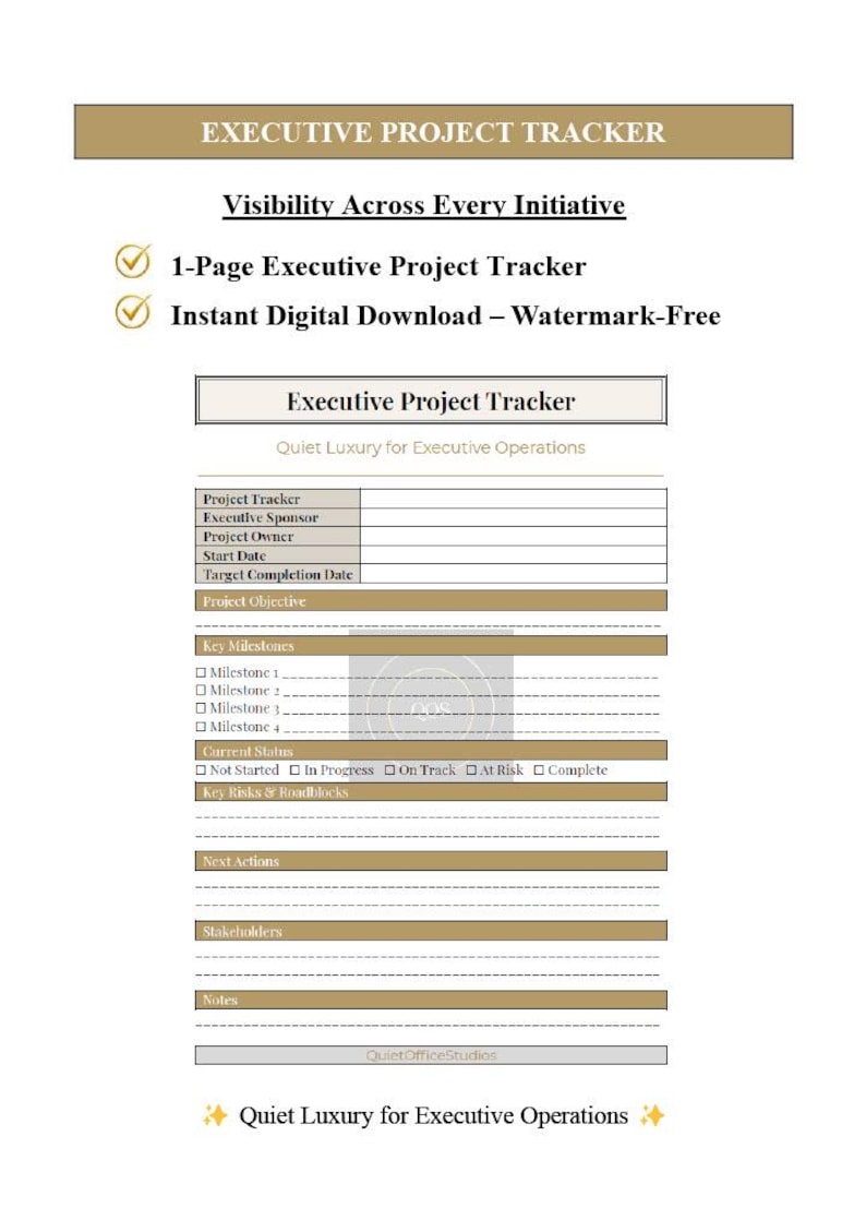 K&ouml;nnte beinhalten: Eine digitale Vorlage f&uuml;r einen Executive Project Tracker mit einer beigen Kopfzeile mit dem Text Executive Project Tracker, gefolgt von Abschnitten f&uuml;r Projektziele, Meilensteine, Status-Kontrollk&auml;stchen, Risiken, Ma&szlig;nahmen, Stakeholder und Notizen.