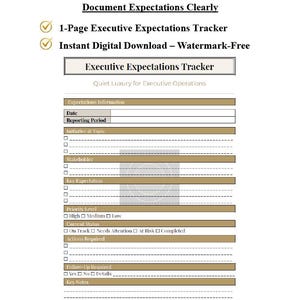 May include: A digital document titled Executive Expectations Tracker with sections for date, reporting period, initiative, stakeholder, key expectation, priority level, current status, actions required, follow-up, and notes, featuring a gray watermark.