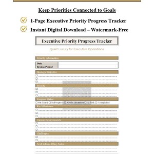Puede incluir: Un documento digital Executive Priority Progress Tracker con secciones para fecha, periodo de revisi&oacute;n, objetivos estrat&eacute;gicos, prioridades, estado de progreso, hitos, logros, desaf&iacute;os y pr&oacute;ximas acciones, con encabezados en tono dorado.