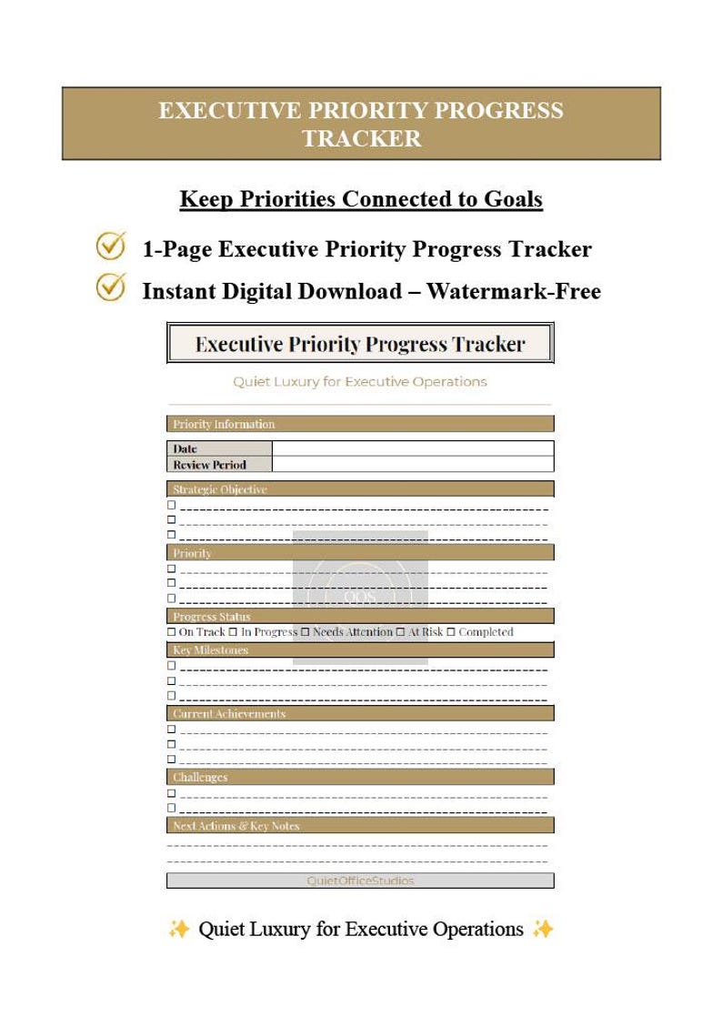 Puede incluir: Un documento digital Executive Priority Progress Tracker con secciones para fecha, periodo de revisi&oacute;n, objetivos estrat&eacute;gicos, prioridades, estado de progreso, hitos, logros, desaf&iacute;os y pr&oacute;ximas acciones, con encabezados en tono dorado.