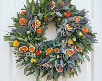 Bay Leaf & Eucalyptus Wreath with Lavender and Dried Oranges – Spring Door Decor