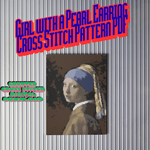 Flicka med pärlörhänge korsstygnsmönster PDF, Johannes Vermeer konstbroderi, räknat korsstygn digital nedladdning
