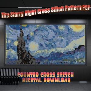 May include: A digital cross stitch pattern titled The Starry Night Cross Stitch Pattern PDF. The image features a pixelated, stylized interpretation of a night sky with swirling blue clouds, yellow stars, and a dark, tall cypress tree silhouette.
