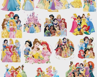 プリンセス PNG クリップアート バンドル、プリンセス PNG カートゥーン昇華クリップアート、すべてのプリンセス誕生日テーマのクリップバンドル PNG