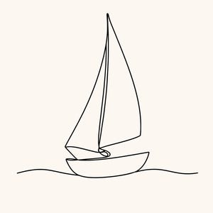 Peut inclure: Un dessin au trait noir continu représentant un voilier sur un fond clair. L'illustration montre la coque du bateau reposant sur une ligne horizontale ondulée représentant l'eau, avec une grande voile triangulaire s'élevant du pont.