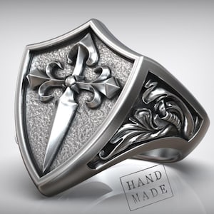 Santiago Cross Ring: Knight Shield Style (Silver Alloy, Fleur de Lis)