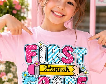 Camiseta personalizada para primer grado, camiseta personalizada con nombre para niños para la vuelta al cole, conjunto para primer grado, camiseta para niña de primer grado, lindo regalo para niña de primer grado
