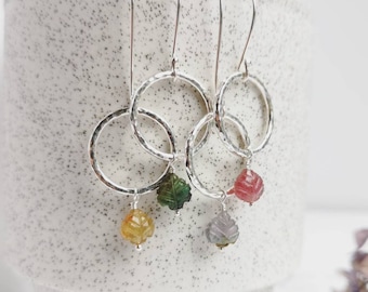 Multi Tourmaline & Sterling Silver Orbit earrings. Pink, green, yellow and grey Tourmaline, October birthstone