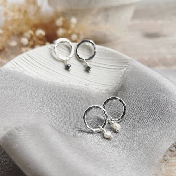 Mini Pearl & Silver Orbit studs. Hammered Silver circle earrings with ivory or peacock Pearl charm. Dainty, Hollow Pebble orbit collection