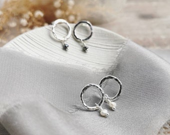 Mini Pearl & Silver Orbit studs. Hammered Silver circle earrings with ivory or peacock Pearl charm. Dainty, Hollow Pebble orbit collection