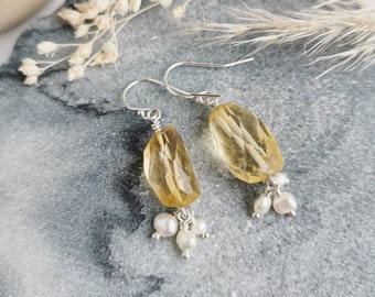 Citrine earrings with ivory Freshwater Pearls. Suspended from Sterling Silver earwires. Handmade bridal and November birthstone jewellery