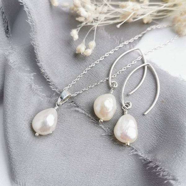 SILVER SET ivory baroque Pearl earrings & necklace matching jewellery set, classic contemporary bridal jewellery, June birthstone, The Vow