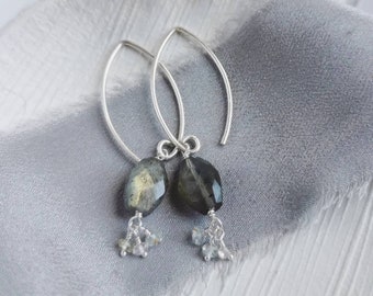 Labradorite, Aquamarine and Silver cluster earrings. Pretty gemstone drop earrings