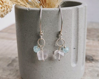 Rose Quartz earrings with Aquamarine and Sterling Silver. Pastel pink and blue gemstones. March birthstone