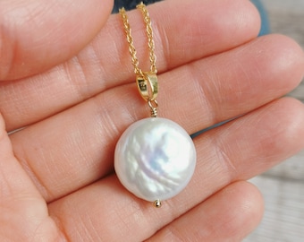 LAST ONE Large Coin Pearl necklace - Gold-filled statement pendant, June birthstone, contemporary bride, 30th wedding anniversary, The Vow