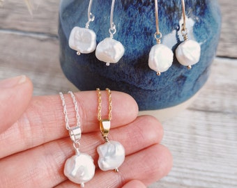 SET Small Keishi Pearl earrings and necklace set - Silver / Gold-filled - Ivory Freshwater Keshi Pearls, June birthstone, modern brides