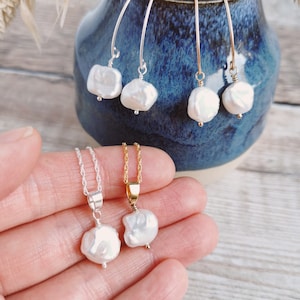 SET Small Keishi Pearl earrings and necklace set Silver / Gold-filled Ivory Freshwater Keshi Pearls, June birthstone, modern brides image 1