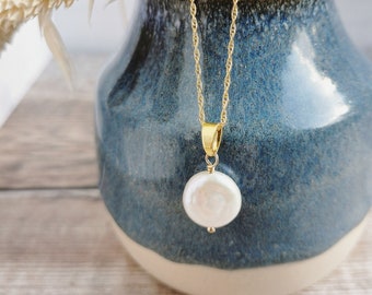 LAST ONE - Small Coin Pearl pendant - Silver / Gold - Classic design for modern brides, June birthday, 30th wedding anniversary, The Vow