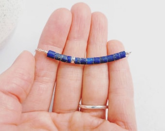 Lapis Lazuli and Silver bar necklace. Navy denim blue gemstone minimal everyday necklace.