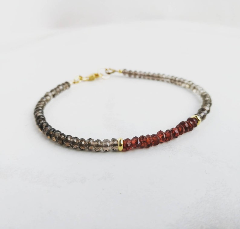 valentines day gifts for her. January Birthstone Garnet Petite and delicate gemstone bracelet Smoky Quartz /& Gold stacking bracelet