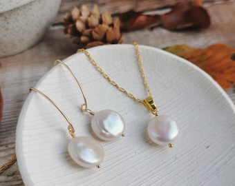 GOLD FILLED SET Small coin Pearl earrings and pendant, modern bridal jewellery. June Birthstone, 30th wedding anniversary, bridesmaid gift