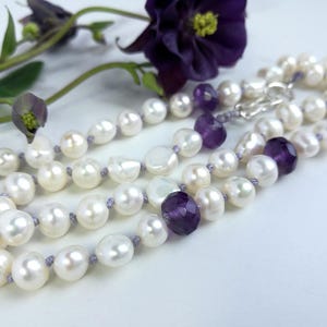 Knotted Pearl necklace with Amethyst & Sterling Silver. Contemporary Pearl and Amethyst hand-knotted necklace. June and February Birthstones image 6