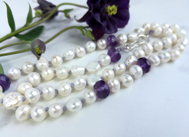 Knotted Pearl necklace with Amethyst & Sterling Silver. Contemporary Pearl and Amethyst hand-knotted necklace. June and February Birthstones image 6