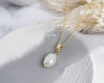 Baroque Pearl and gold filled pendant - minimal Ivory Freshwater Pearl on a fine cable chain, June birthstone
