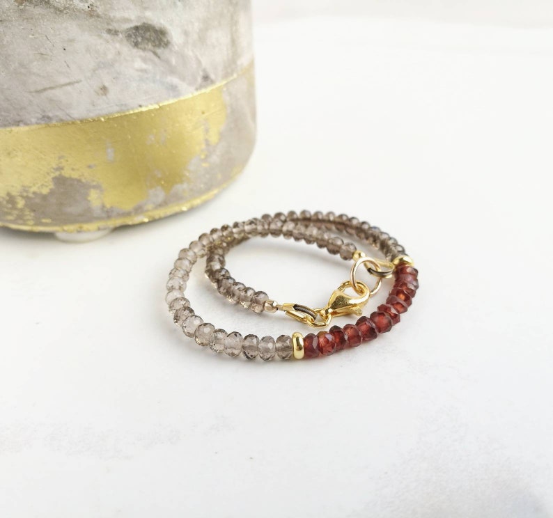 valentines day gifts for her. January Birthstone Garnet Petite and delicate gemstone bracelet Smoky Quartz /& Gold stacking bracelet