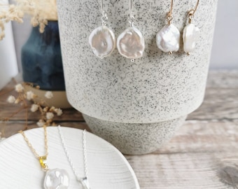 SET Large Keishi Pearl earrings & necklace set - Silver / Gold-filled - Ivory Freshwater Keshi Pearls,June birthstone, modern bride, The Vow