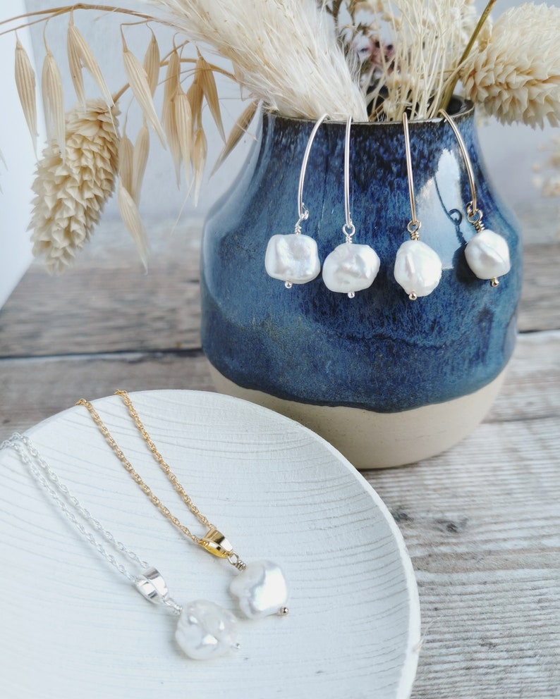SET Small Keishi Pearl earrings and necklace set Silver / Gold-filled Ivory Freshwater Keshi Pearls, June birthstone, modern brides image 4