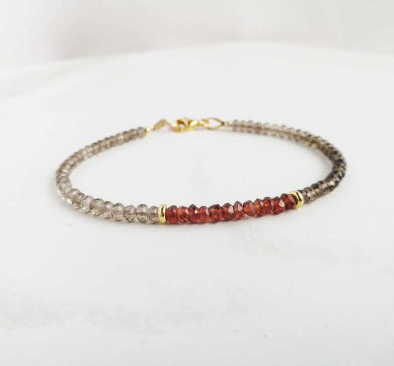 valentines day gifts for her. January Birthstone Garnet Petite and delicate gemstone bracelet Smoky Quartz /& Gold stacking bracelet