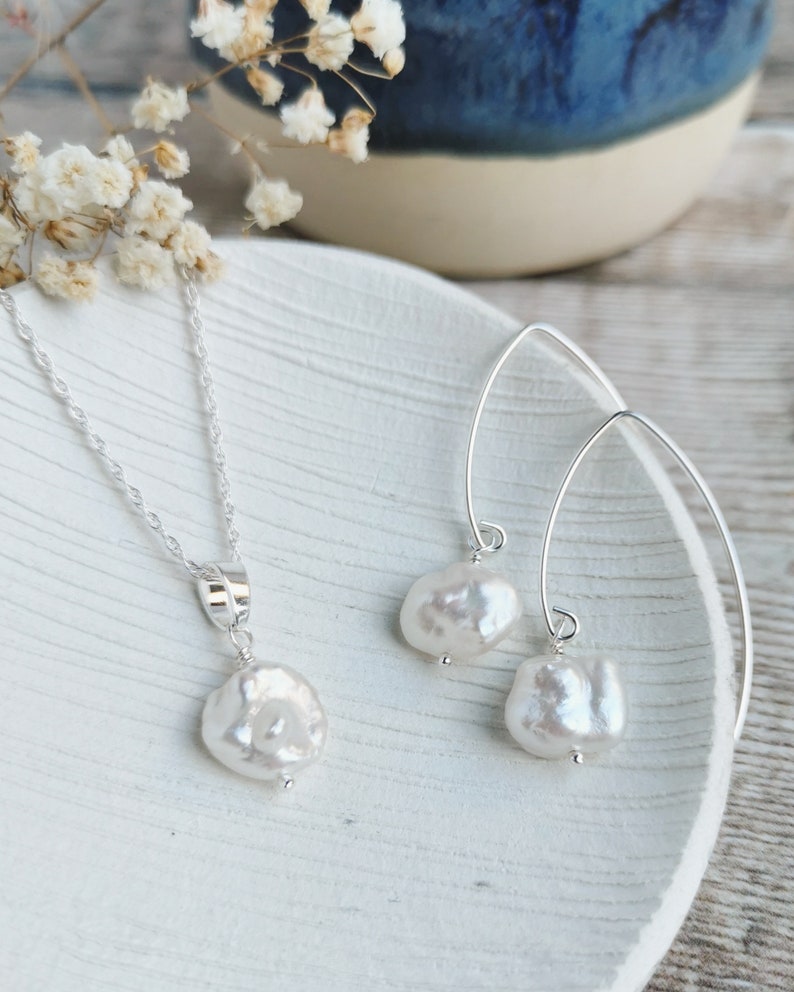 SET Small Keishi Pearl earrings and necklace set Silver / Gold-filled Ivory Freshwater Keshi Pearls, June birthstone, modern brides Silver