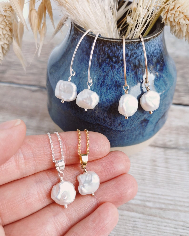 SET Small Keishi Pearl earrings and necklace set Silver / Gold-filled Ivory Freshwater Keshi Pearls, June birthstone, modern brides image 1