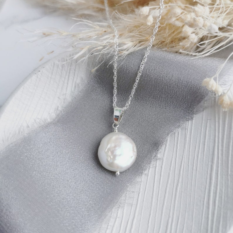 LAST ONE Small Coin Pearl pendant Silver / Gold Classic design for modern brides, June birthday, 30th wedding anniversary, The Vow Silver