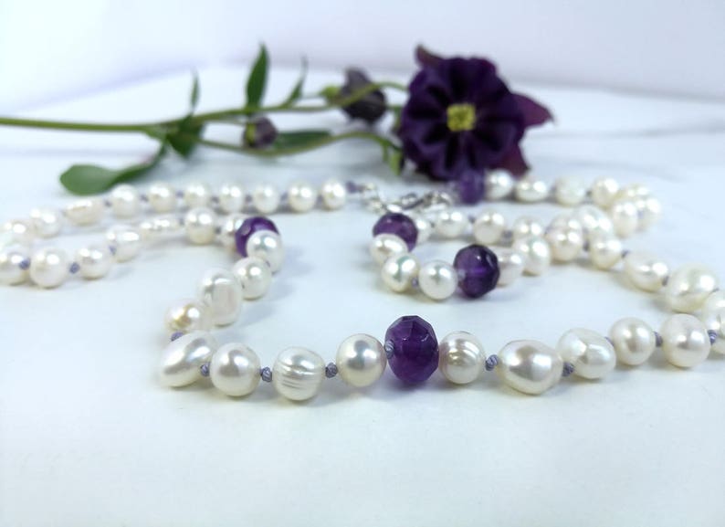 Knotted Pearl necklace with Amethyst & Sterling Silver. Contemporary Pearl and Amethyst hand-knotted necklace. June and February Birthstones image 3