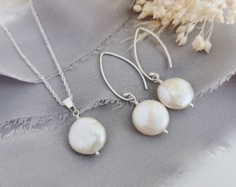 SILVER SET Small Coin Pearl earrings and pendant set - modern bridal jewellery. June Birthstone, 30th wedding anniversary, bridesmaid gift