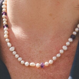 Knotted Pearl necklace with Amethyst & Sterling Silver. Contemporary Pearl and Amethyst hand-knotted necklace. June and February Birthstones image 2