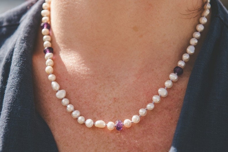 Knotted Pearl necklace with Amethyst & Sterling Silver. Contemporary Pearl and Amethyst hand-knotted necklace. June and February Birthstones image 2