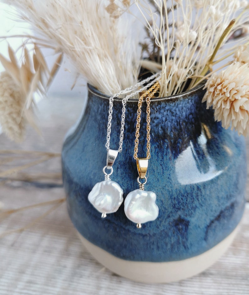 SET Small Keishi Pearl earrings and necklace set Silver / Gold-filled Ivory Freshwater Keshi Pearls, June birthstone, modern brides image 2