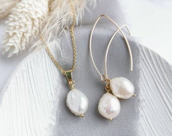 GOLD FILLED SET ivory baroque Pearl earrings & necklace set, modern brides, June birthstone, 30 years pearl wedding anniversary, The Vow